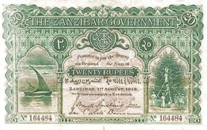 Zanzibar 20 rupiesedel från 1908